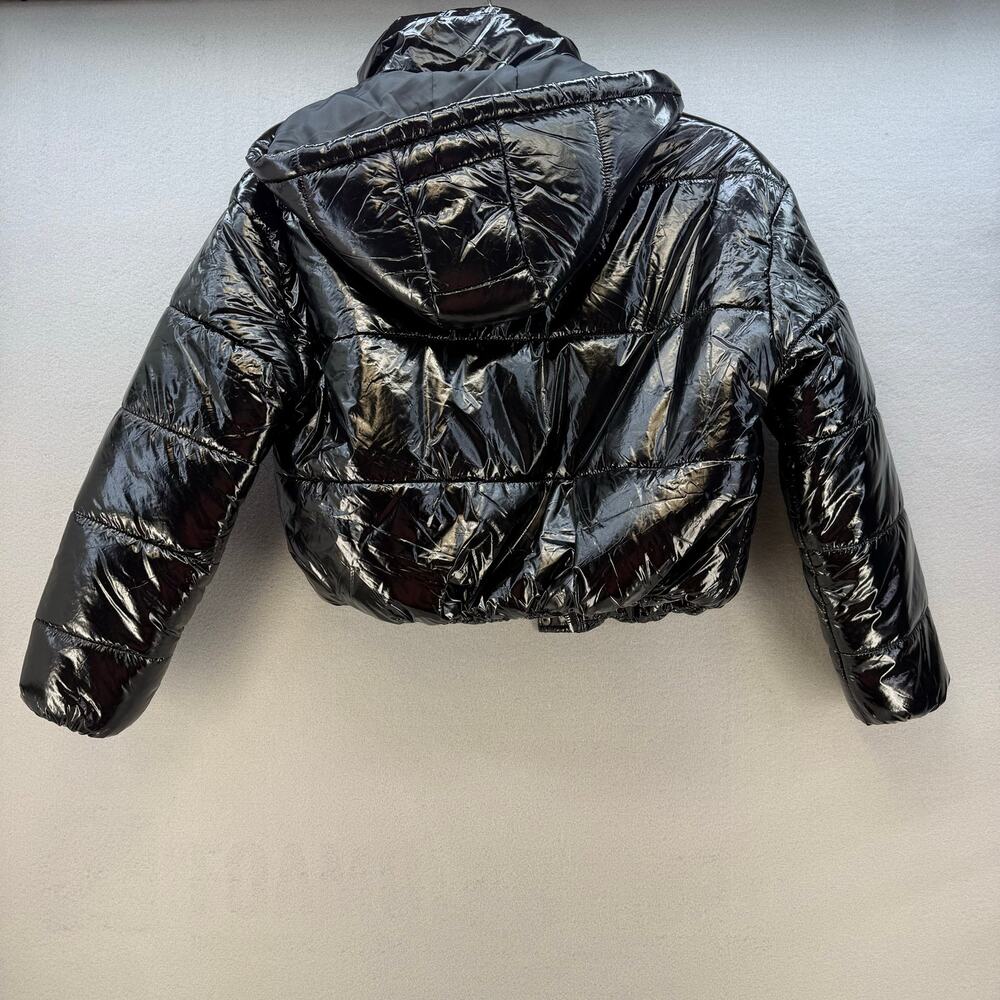Boohoo Puffer Coat Women's Size 6 Shiny Black Hooded Cropped Streetwear Gorpcore - Picture 2 of 12